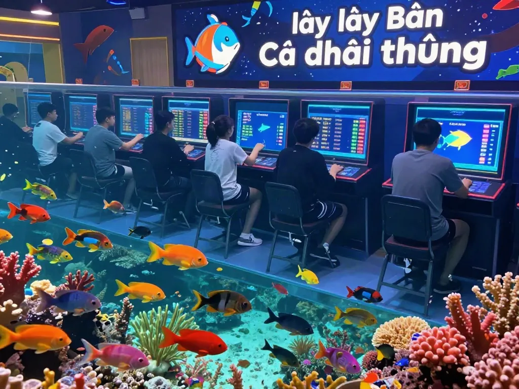 Exciting gaming scene showcasing "lại là Bắn cá đổi thưởng" with players and vibrant fish digitally represented.