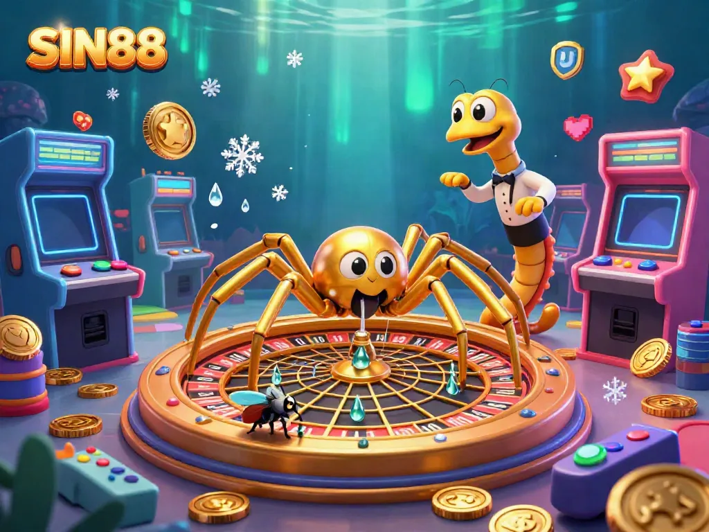 SIN88's animated spider spins a roulette wheel while a fly bets nervously in a vibrant gaming scene.