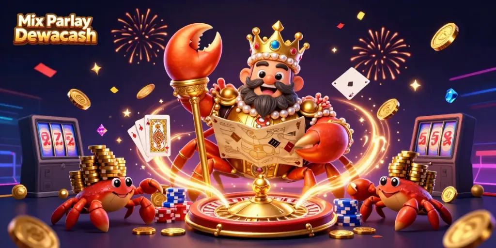 Mix Parlay Dewacash showcased with a golden crab emperor amidst sparkles and casino elements.