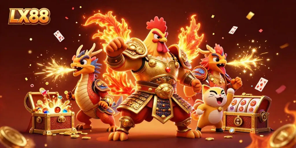 Experience the excitement of LX88 with a fighting rooster warrior and dragon amid vibrant casino elements.