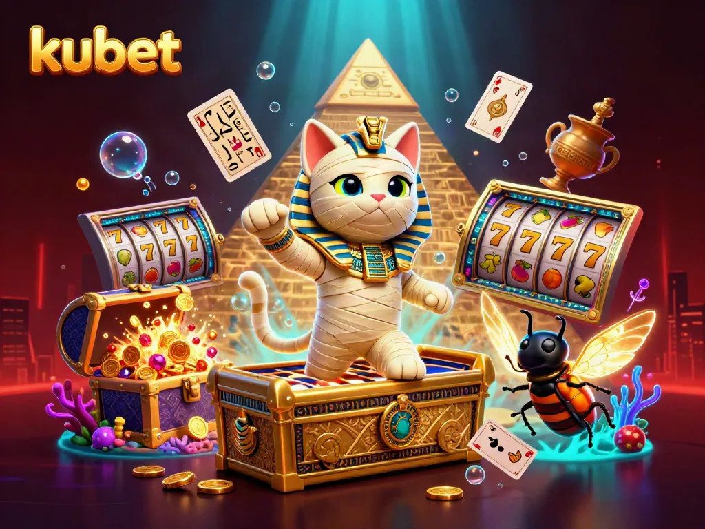 Engage with kubet's vibrant casino world featuring an Egyptian mummy cat and golden treasures.