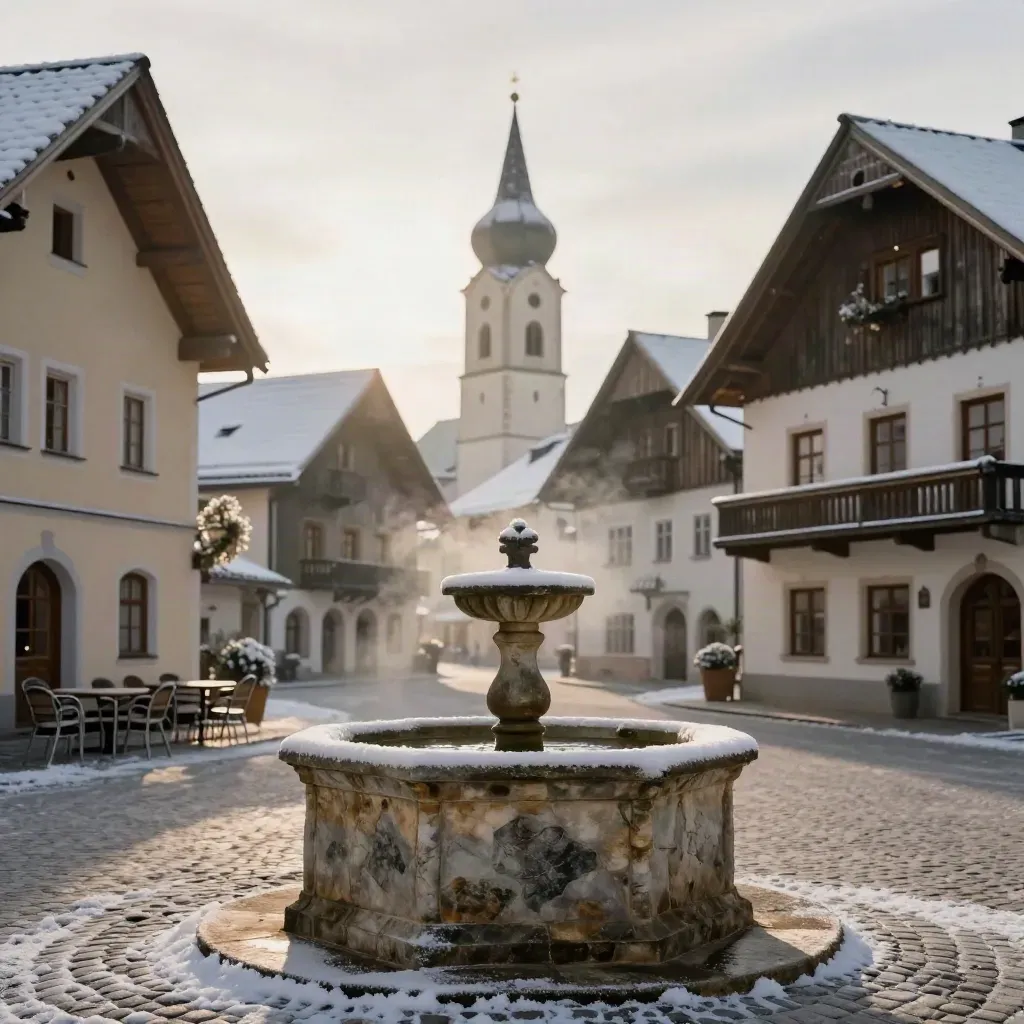 Verschneiter Dorfplatz mit Brunnen, leeren Caféstühlen und Kirchturm im Morgenlicht.