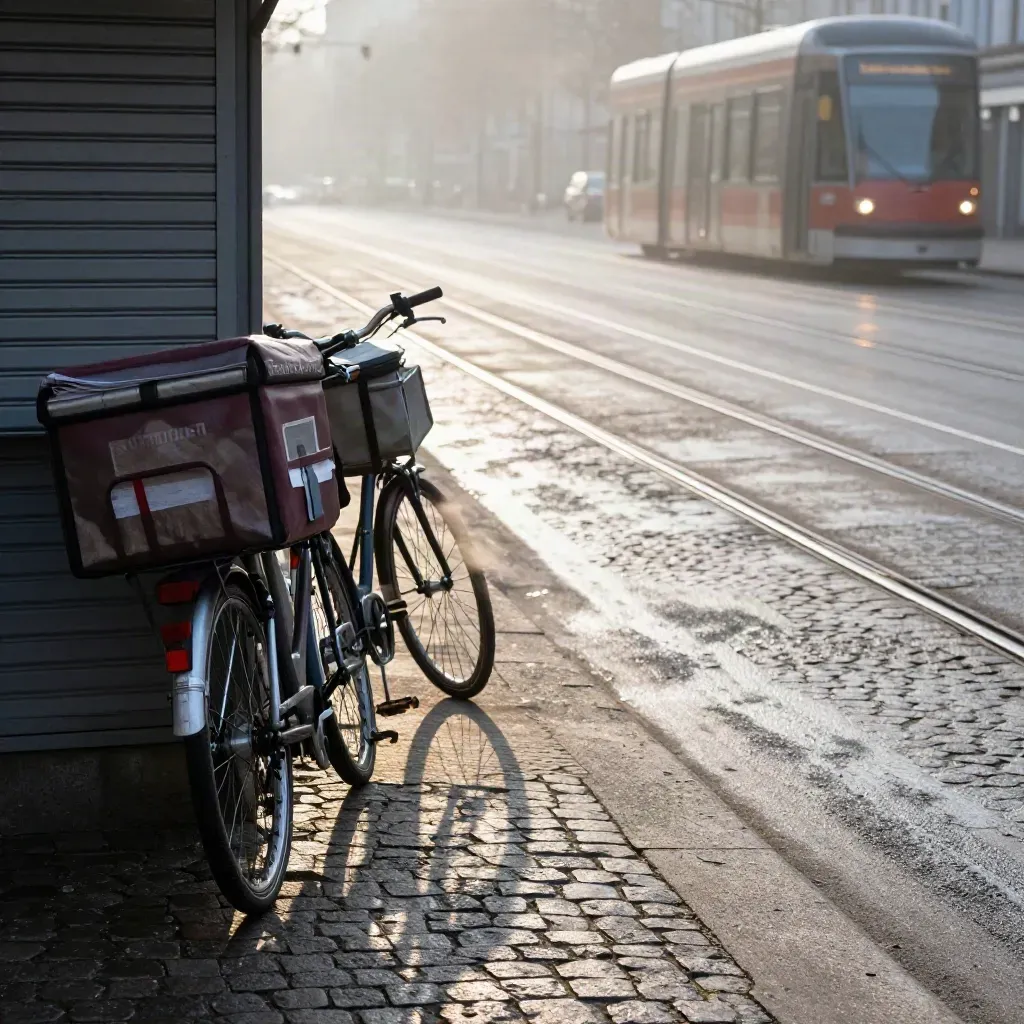 Frühmorgens an einer Tramkreuzung mit Lieferfahrrädern und geschlossenem Zeitungskiosk im Dunst.