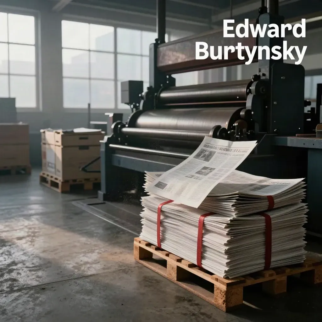 Druckhalle mit Zeitungsbündeln auf Paletten im Morgenlicht