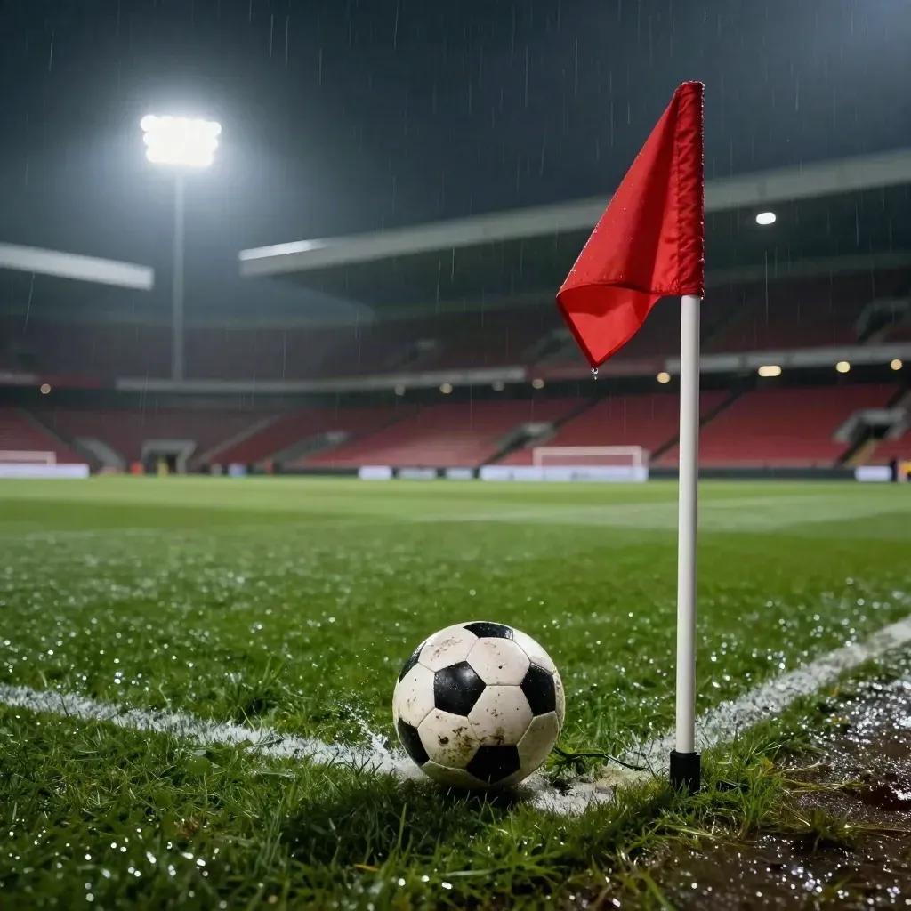 Regennasser Fußballplatz mit Eckfahne, Flutlicht und leeren Bankreihen nach Abpfiff