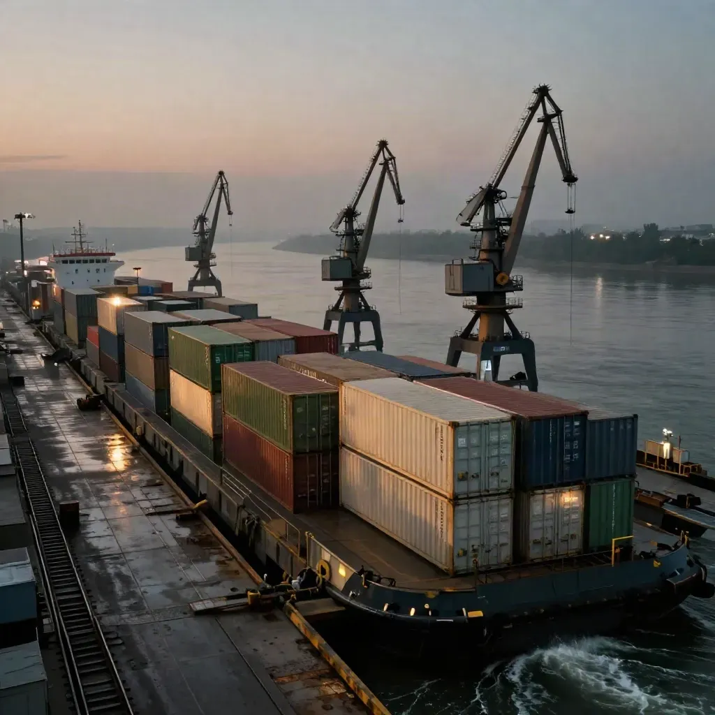 Abendhafen mit Containern, Kränen und Schlepperwelle im Flussnebel.