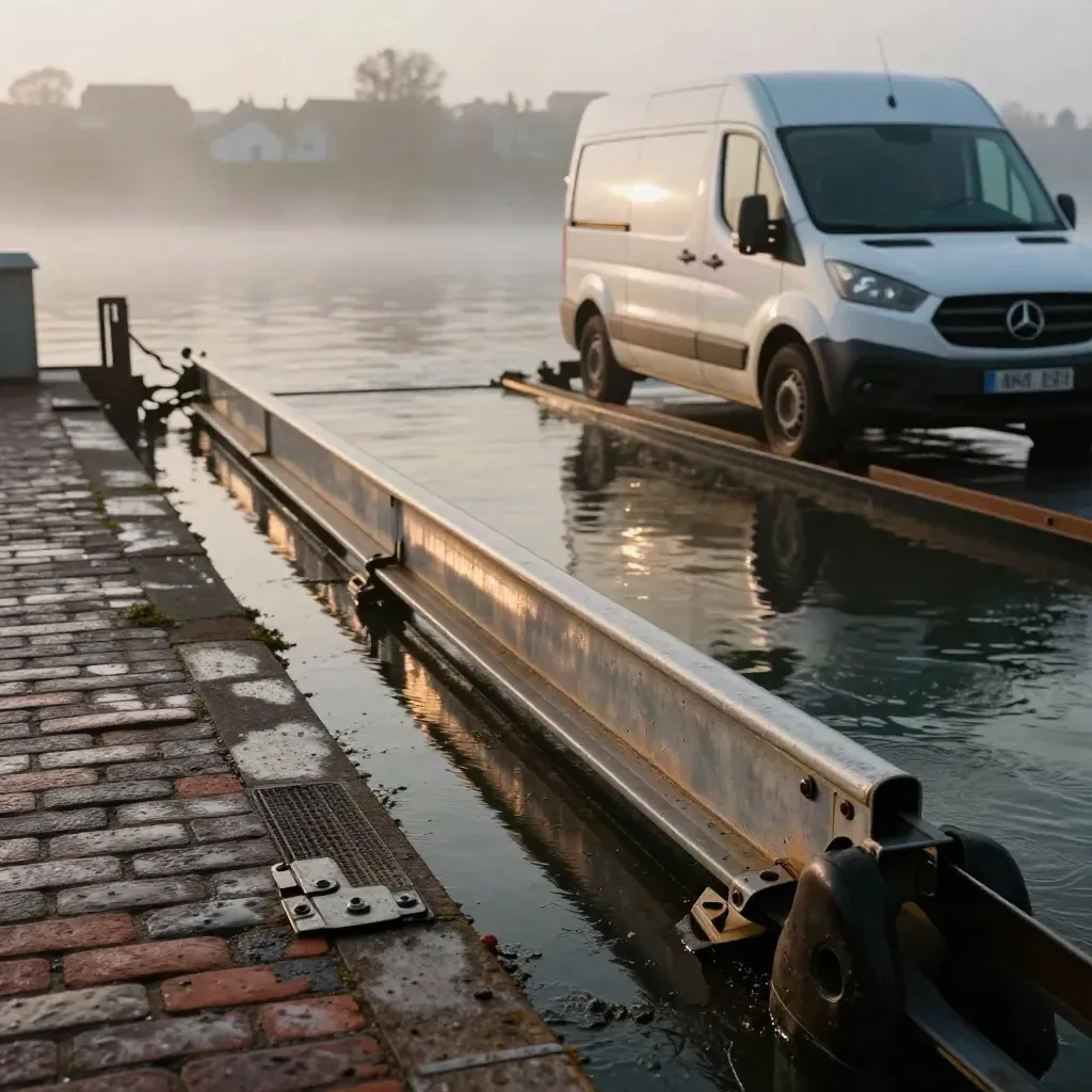 Neblige Fährrampe am Fluss mit nassem Stahl, wartendem Van und Morgenlicht