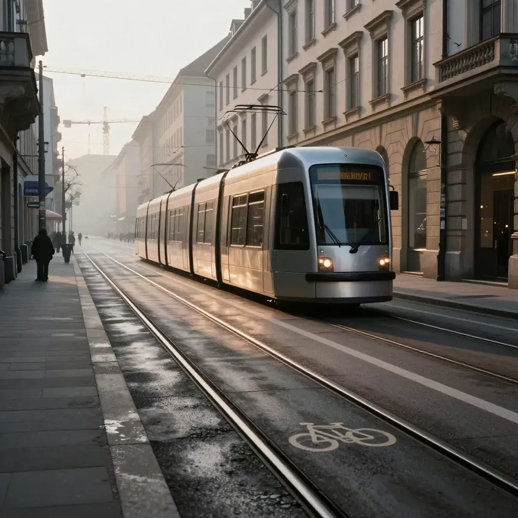 Morgendliche Tramspur in München mit Fahrradstreifen, Kränen und Cafés im Dunst.