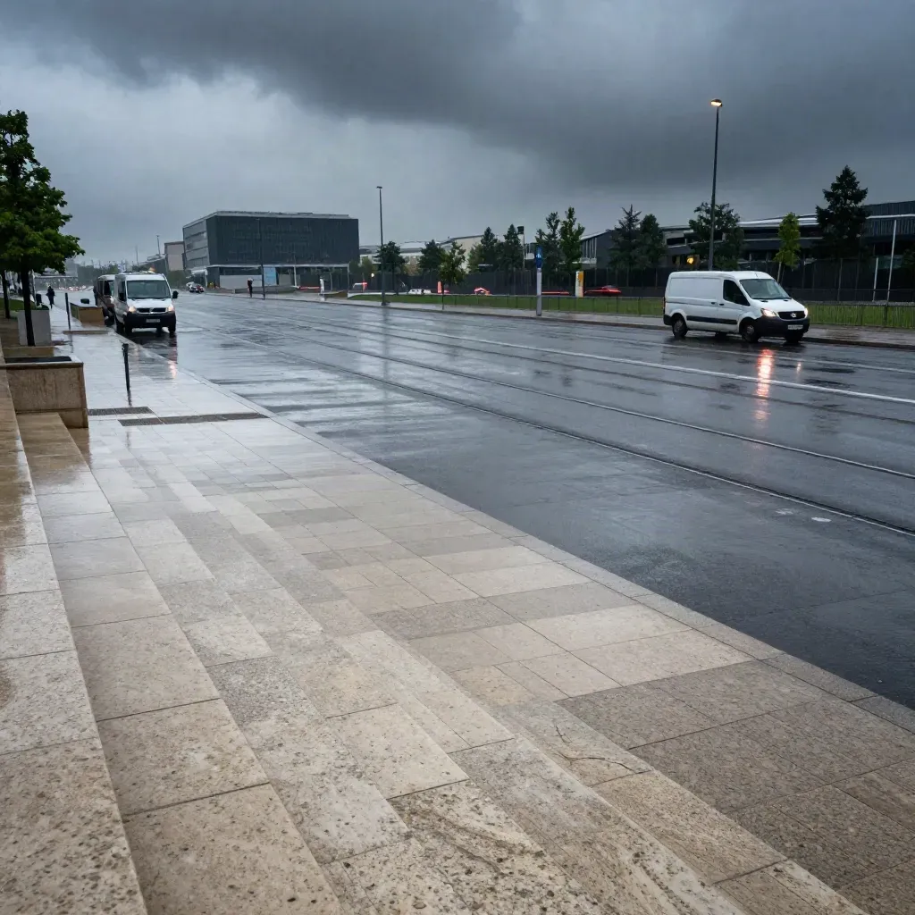 Nasse Plaza am Reichstag mit Tramgleisen, Servicevans und dunklem Himmel nach Regen.