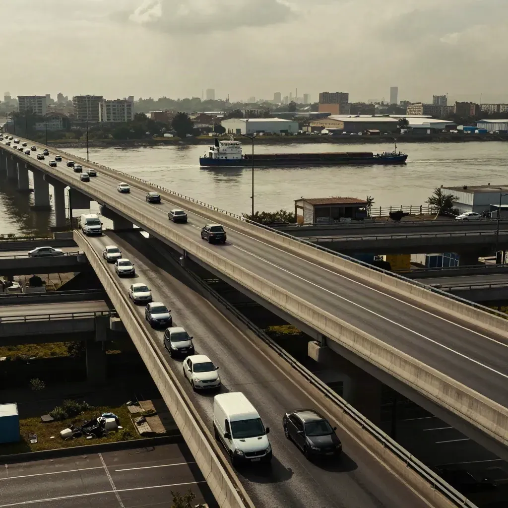 Autobahnkreuz über dem Fluss mit Autos, Binnenschiff und Wohnblocks im Dunst.