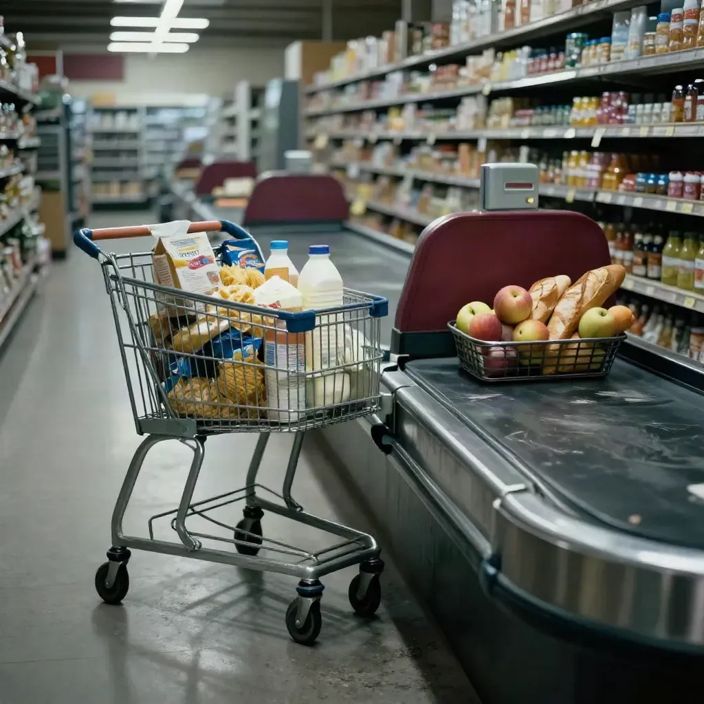 Einkaufswagen an der Kasse, daneben Brot und Obst im Supermarktlicht
