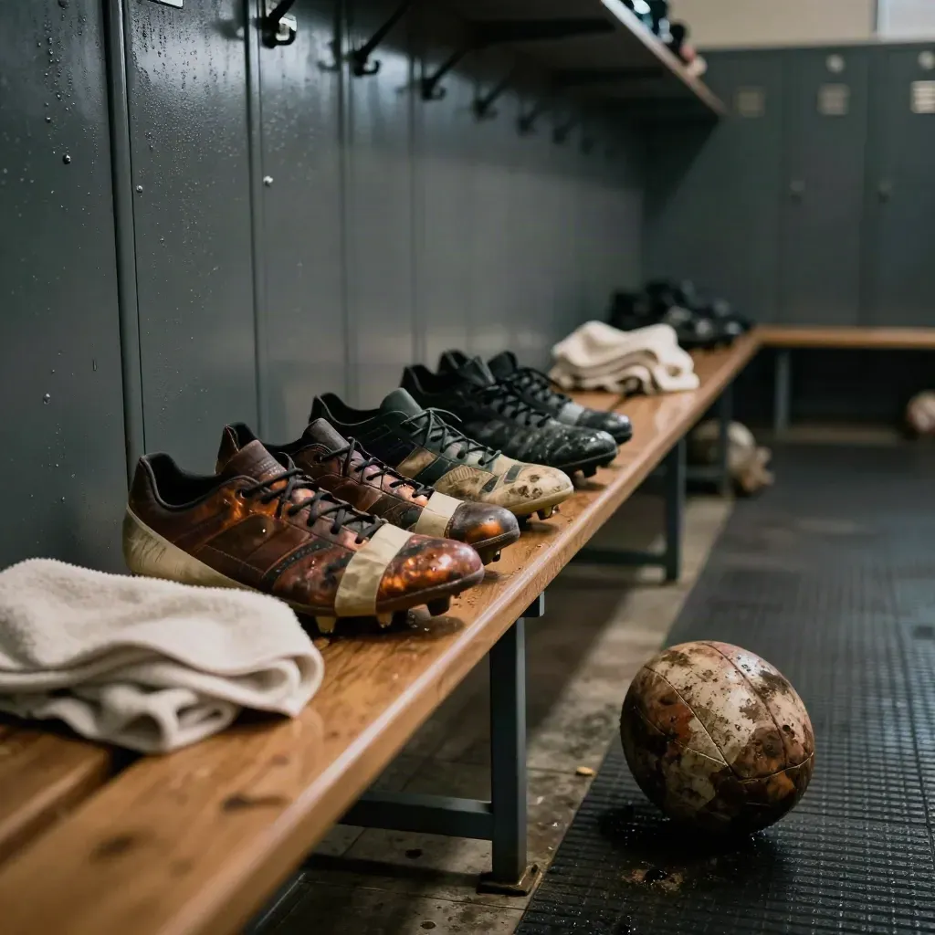 Sportumkleide mit Schuhen, Handtüchern und Ball auf Gummimatte im warmen Licht