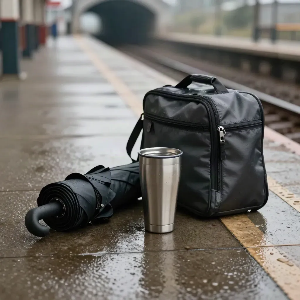 Nasser Bahnsteig mit Regenschirm, Thermobecher und Trolley vor dem Tunnel
