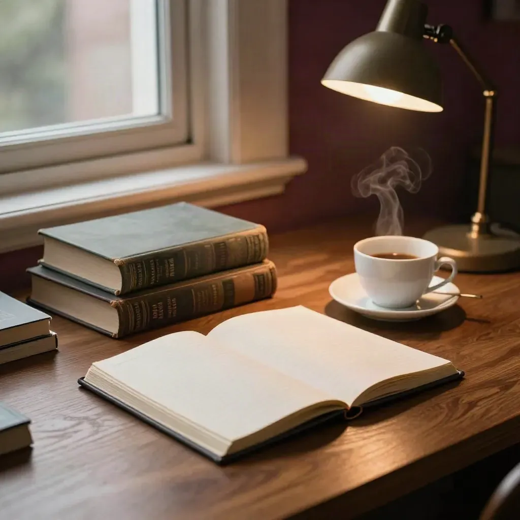 Bücher, Notizheft, Teetasse und Schreibtischlampe in warmem Fensterlicht auf einem Holztisch.