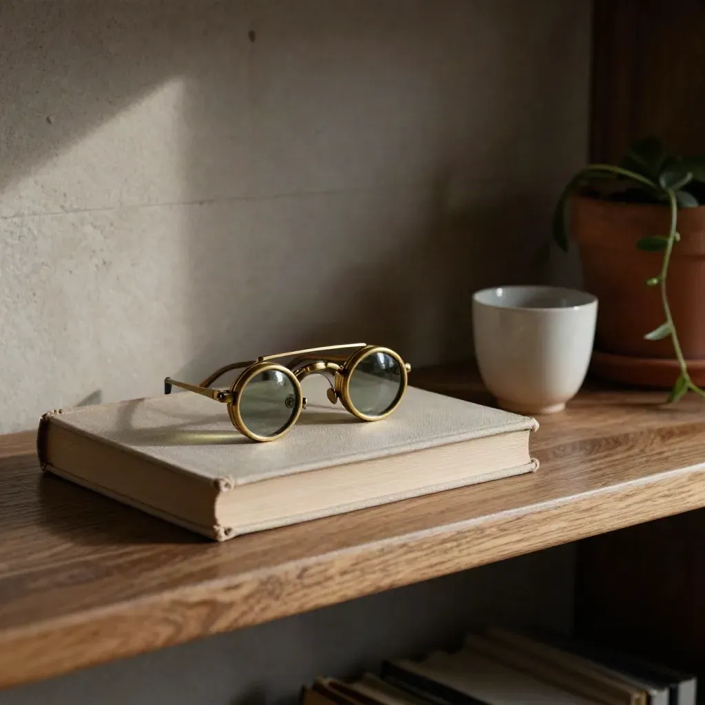 Brille, Buch, Tasse und Pflanze auf einem warmen Holzregal im weichen Fensterlicht.