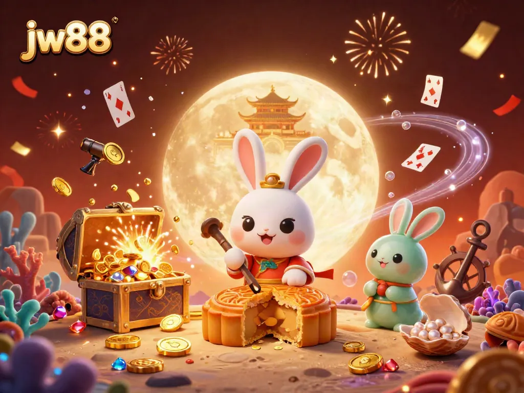 Join the fun at jw88; a moon rabbit celebrates wins with poker chips and vibrant casino elements!