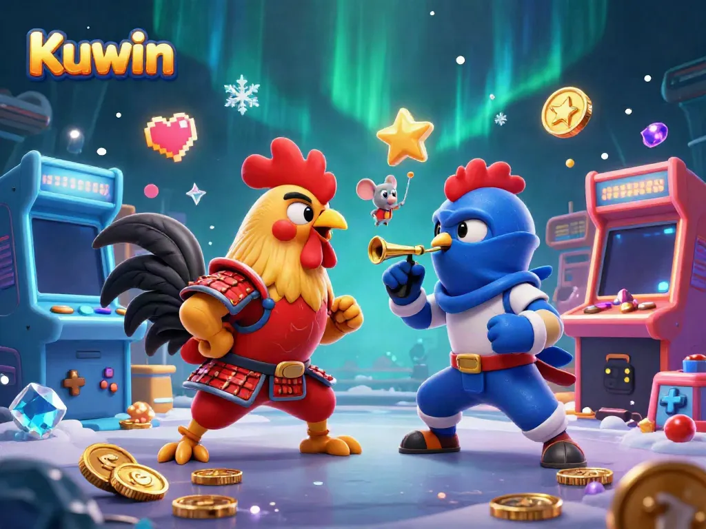 Kuwin features twin fighting roosters in a dynamic standoff, showcasing engaging casino elements.