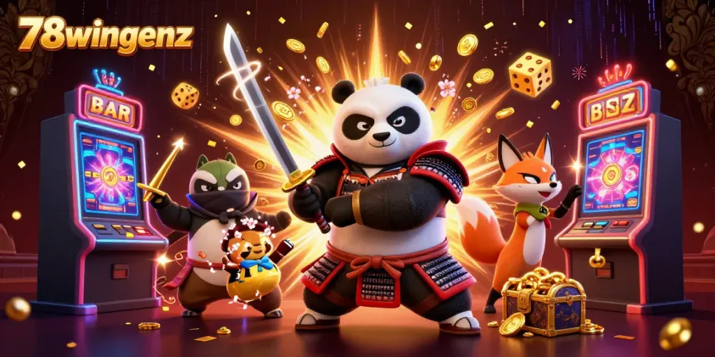 Engage with 78wingenz gaming action featuring samurai panda, ninja fox, and tanuki, vibrant slot machine elements.
