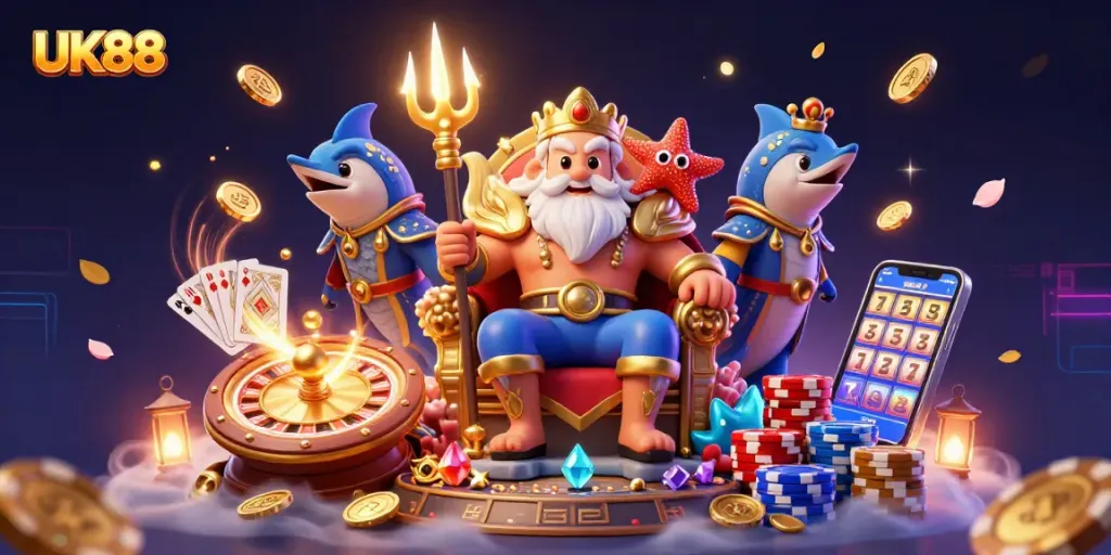 Experience the thrill of UK88 with sea king Neptune and casino elements in a vibrant 3D illustration.