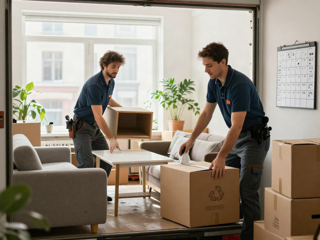 Entrümpelung Berlin durch professionelles Team in einer sonnigen Wohnung, Möbel werden abtransportiert.