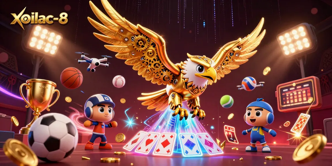 Xoilac-8 showcases a dynamic scene of a cybernetic golden eagle soaring through a cascade of holographic playing cards, emphasizing thrilling sports betting action.