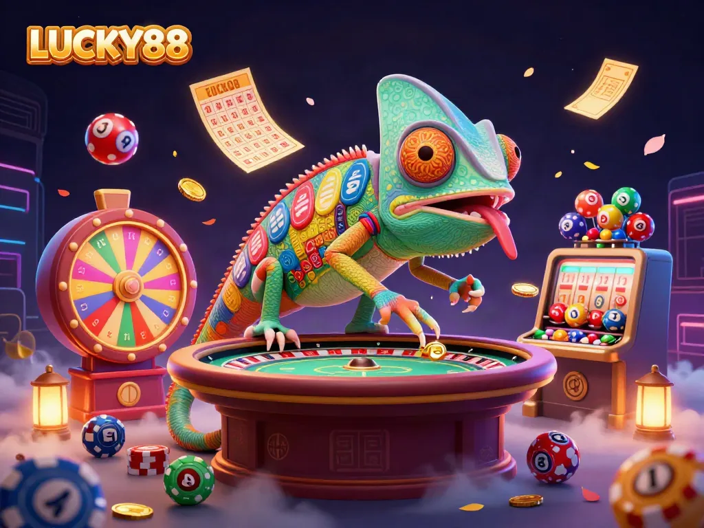 Join LUCKY88 for an exciting online gaming experience with vibrant lottery elements and a unique casino mascot.