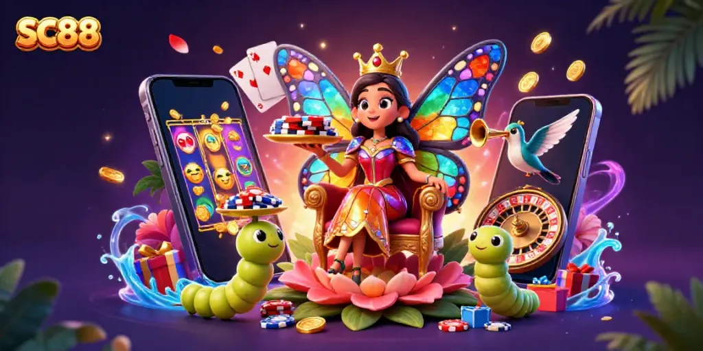 Delve into the SC88 gaming world with a vibrant 3D scene featuring a butterfly queen and casino elements.