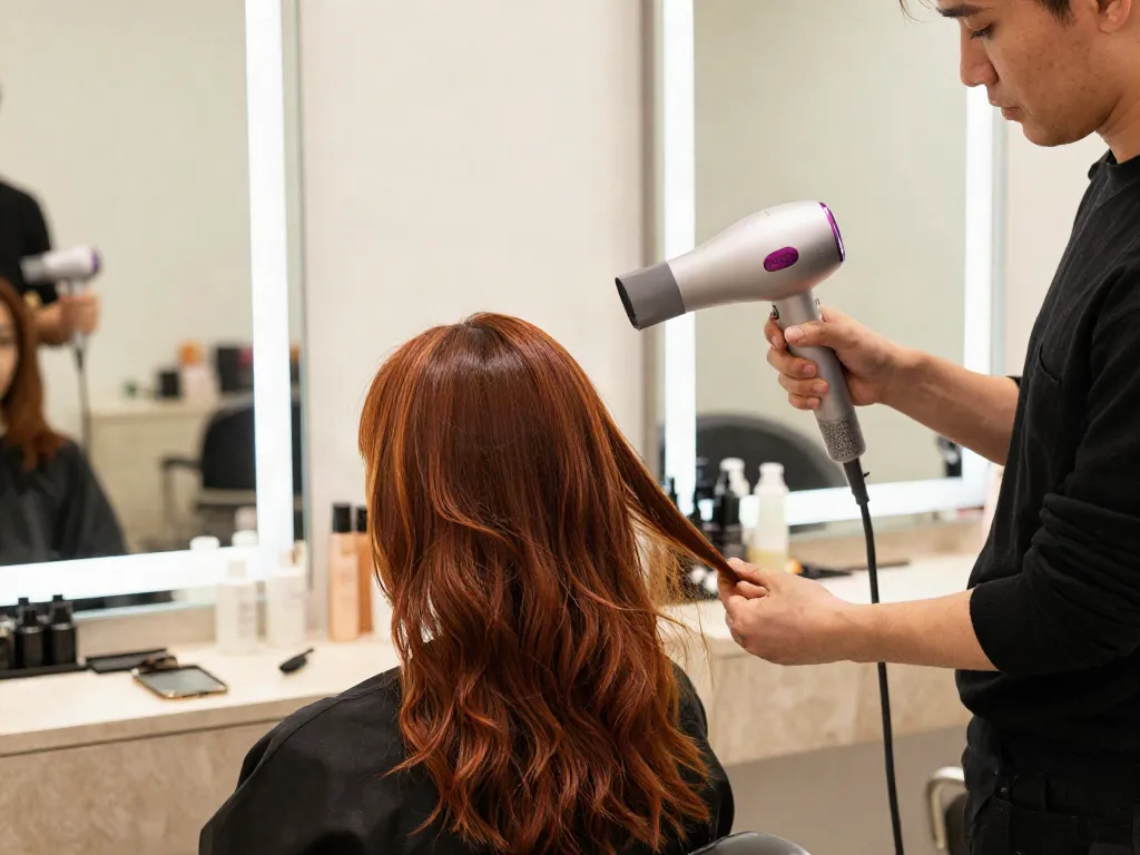 Der Laifen Air Pro Haartrockner in einem modernen Friseursalon bei der Anwendung auf glänzendem Haar.