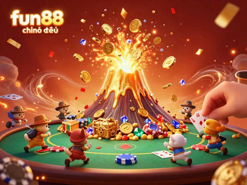 Experience fun88 chính thức with a thrilling scene of a gold volcano erupting treasures amidst poker excitement.