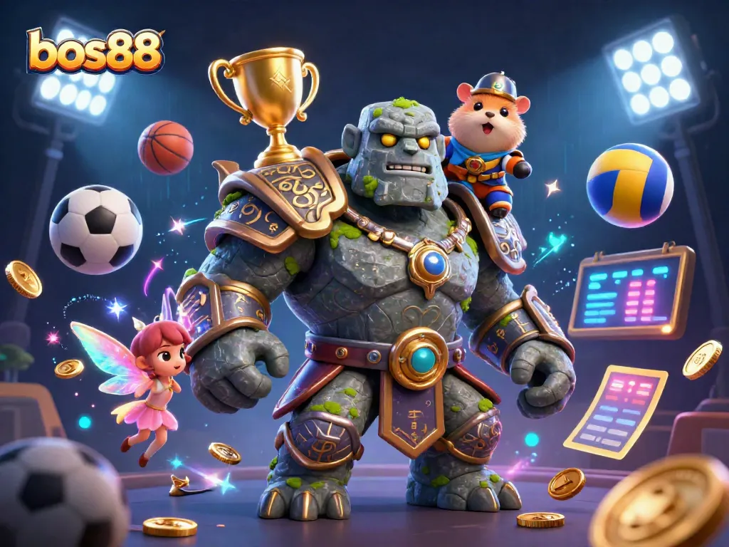 Experience the excitement of bos88 with a golem guardian surrounded by sports elements and vibrant magic.