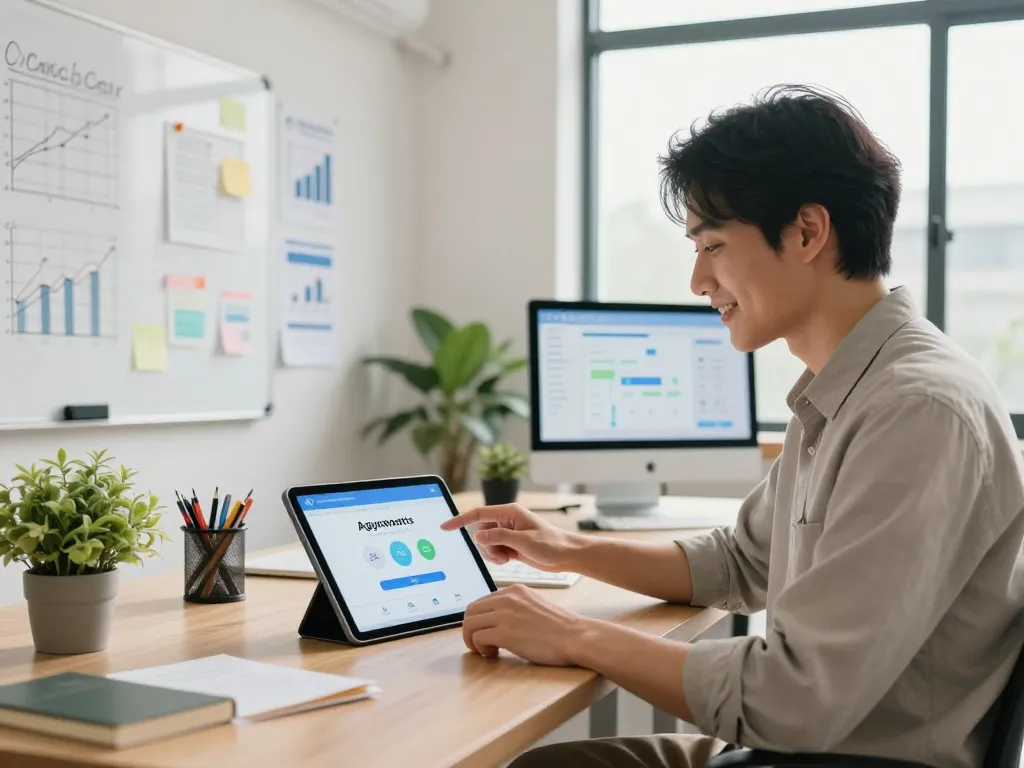 Kleinunternehmer, der Agentic-Zahlungen für kleine Unternehmen in einem modernen Büro nutzt, zeigt eine positive Annahme der Technologie.