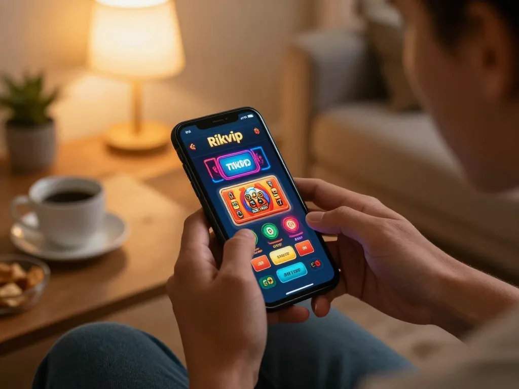 Engaging in mobile gaming on the rikvip app, showcasing vibrant casino graphics and a cozy atmosphere.