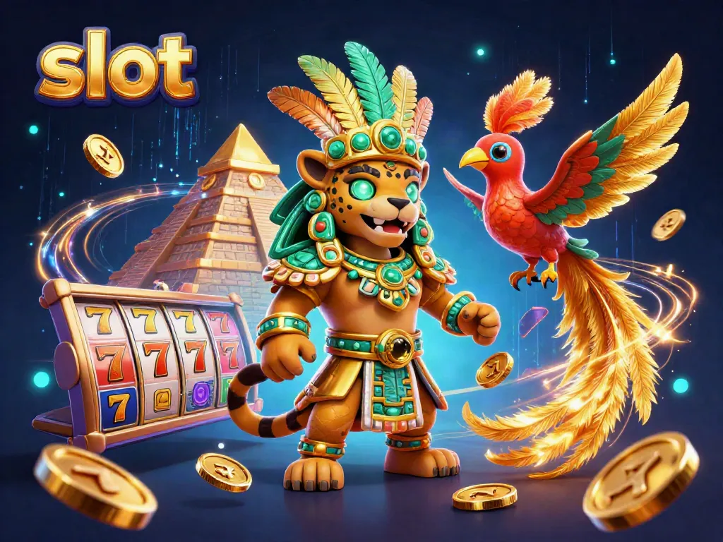 Experience thrilling slot action with Mayan characters and jackpot elements in a vibrant casino scene.
