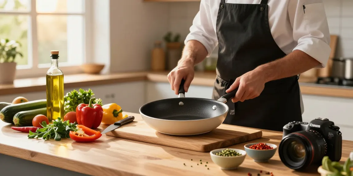 Gesunde Kocherlebnisse mit einer PTFE-freien Pfanne in einer einladenden Küche.