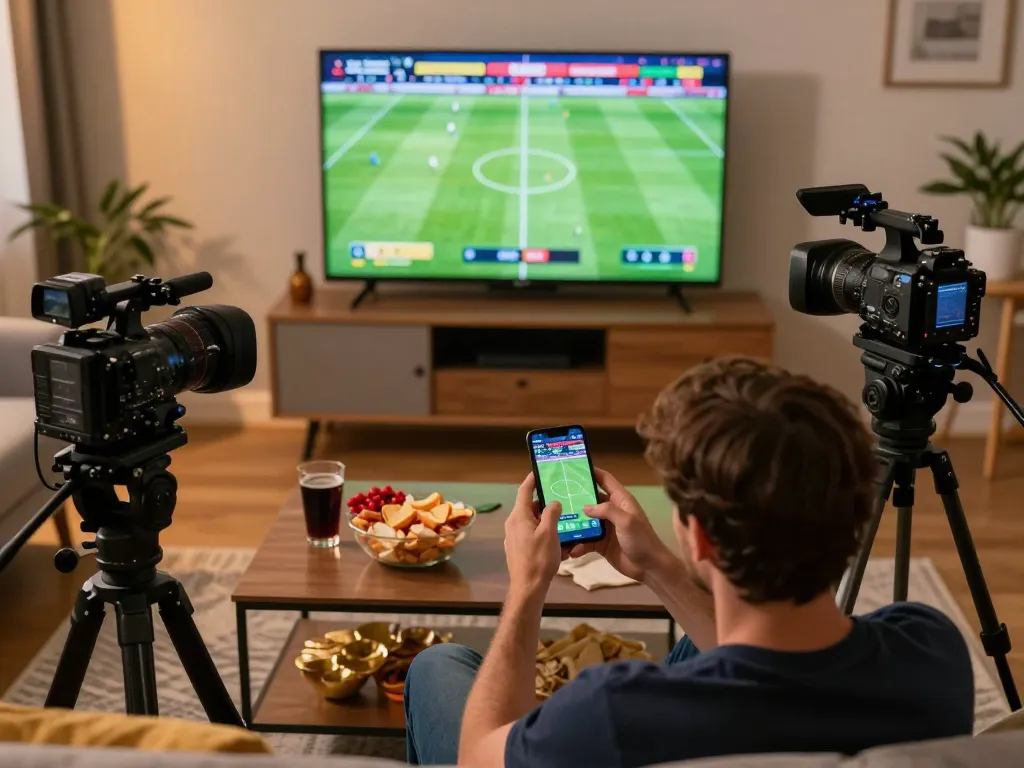 Engaging in tỷ số trực tuyến 7m while placing bets during an exciting football match on TV at home.