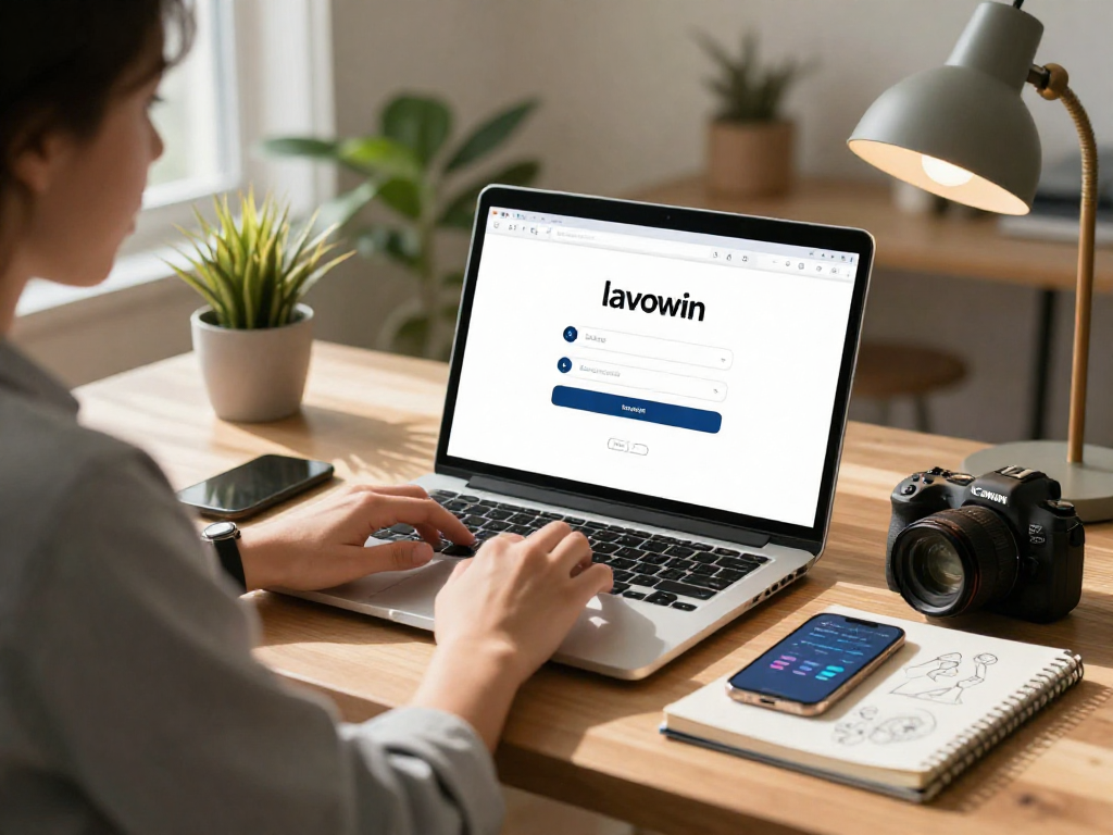 User accessing lavowin login on a sleek laptop in a cozy home office environment.