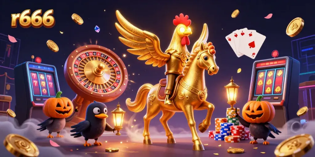 Immerse in r666's vibrant casino scene with a golden rooster leading the adventure.
