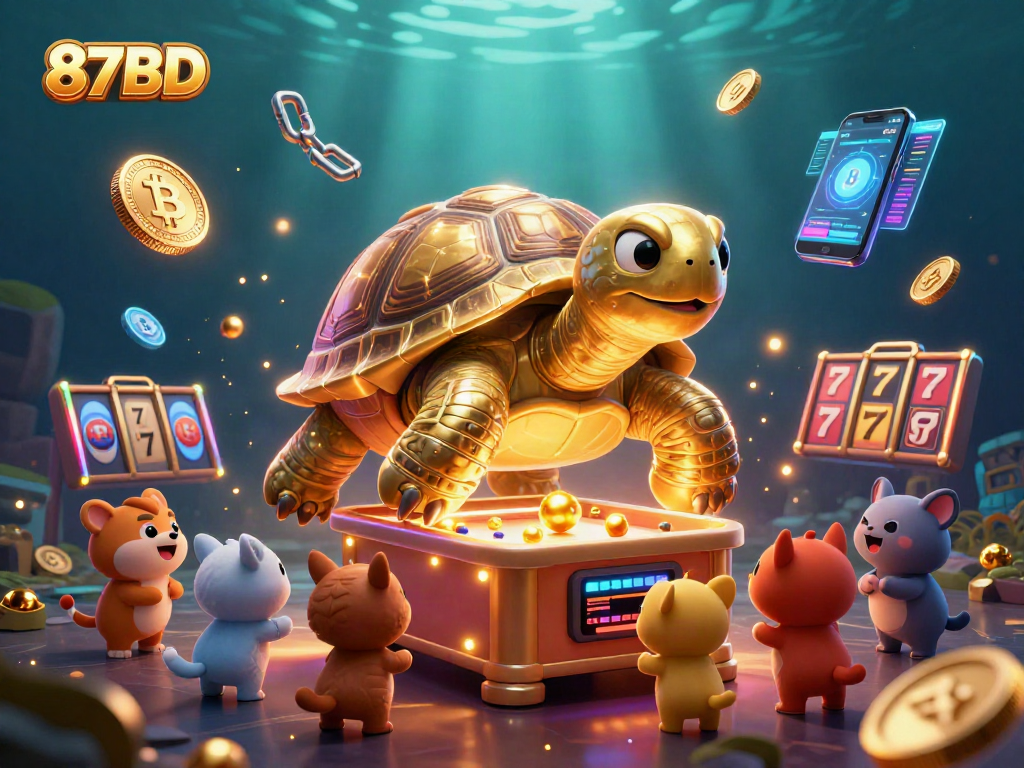 Experience exciting gameplay at 87BD with a vibrant casino scene showcasing crypto coins and dynamic slot machines.