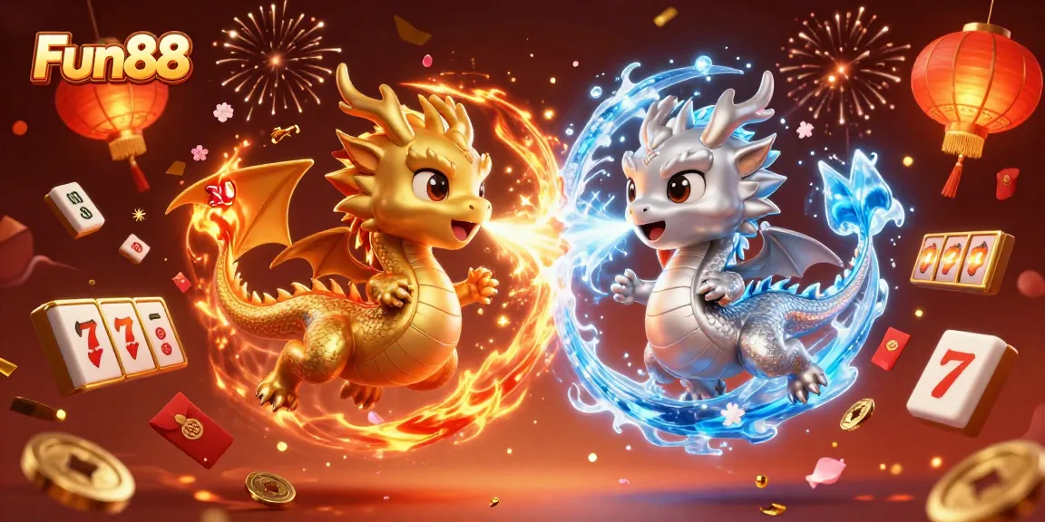 Engage in thrilling games with Fun88's vibrant 3D dragons and festive casino elements.
