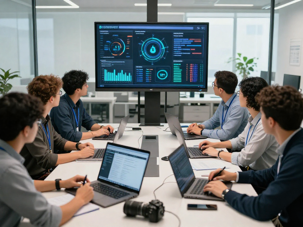 IT-Sicherheit Frankfurt: Engagiertes IT-Sicherheitsteam bespricht Strategien in modernem Büro.