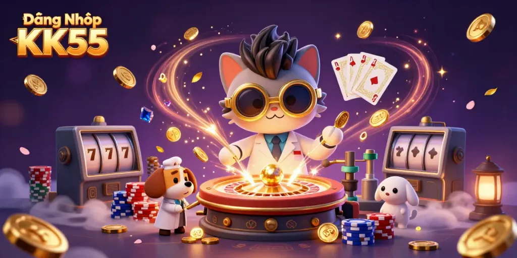 Engage with the Đăng Nhập KK55 experience showcasing dynamic casino elements and characters.