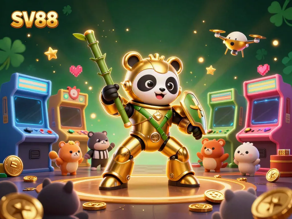 Engage in thrilling games at SV88 with an action-packed 3D illustration showcasing vibrant casino elements.