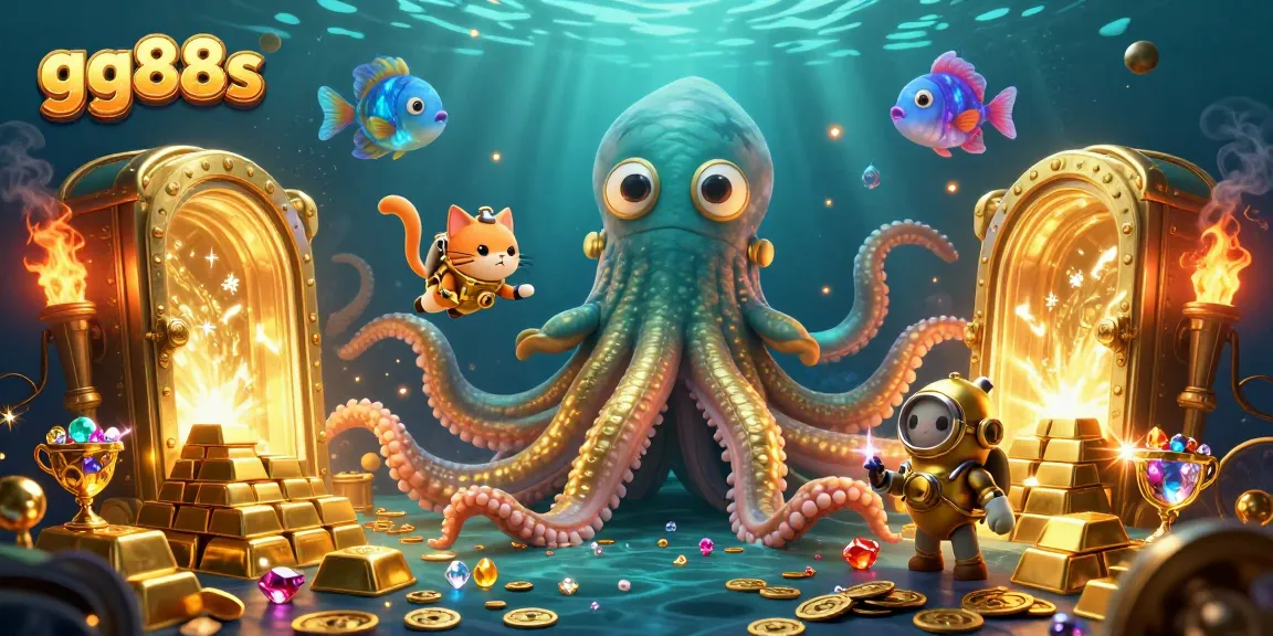 Engage with gg88s at this vibrant casino scene featuring a kraken and treasure.