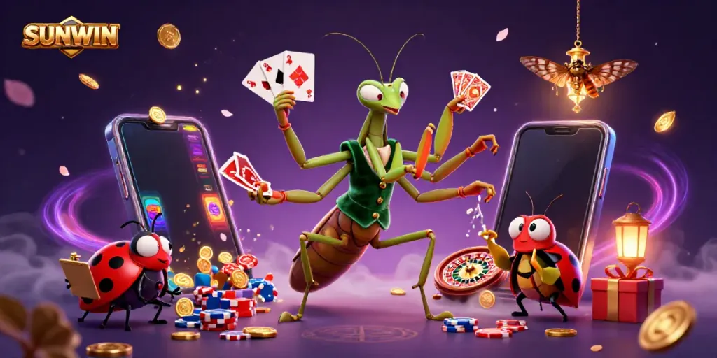 Experience thrilling slot action with SUNWIN as a mantis card sharp and ladybug pit boss delight in a vibrant casino scene.