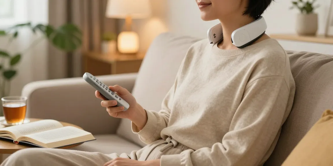 Gemütliche heimische Szene mit einem Vagusnervstimulation Gerät Testsieger, das Entspannung und Wellness zeigt.