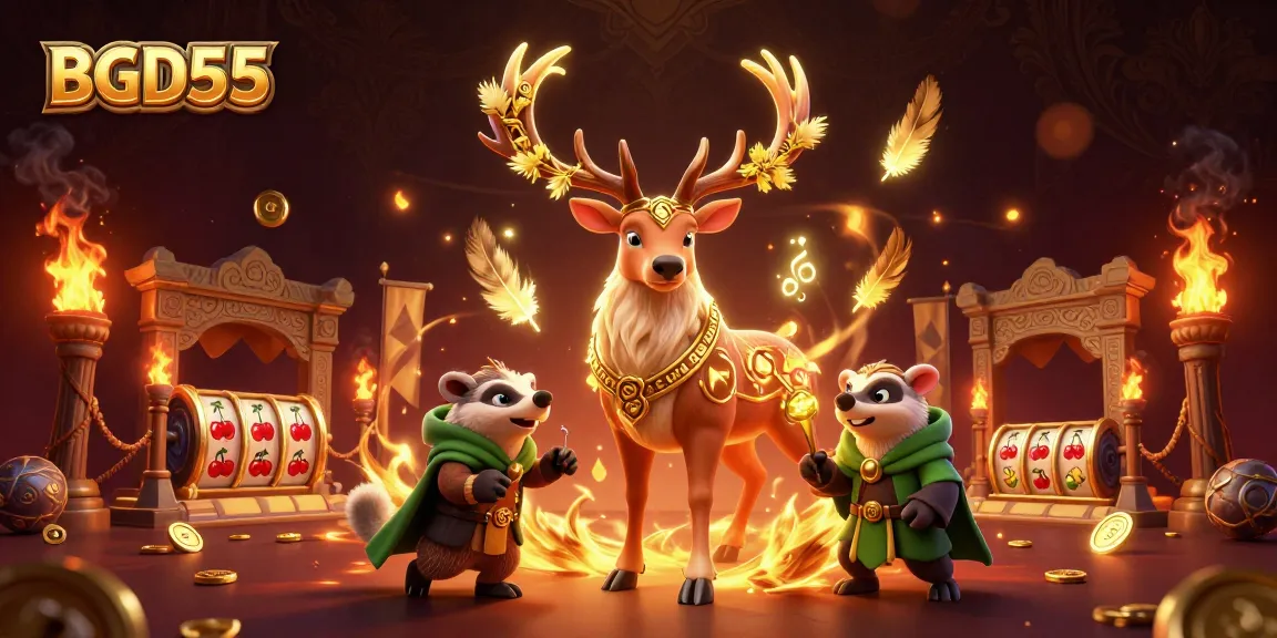 Experience BGD55's vibrant casino environment with dazzling slot reels and a Celtic druid amidst golden elements.