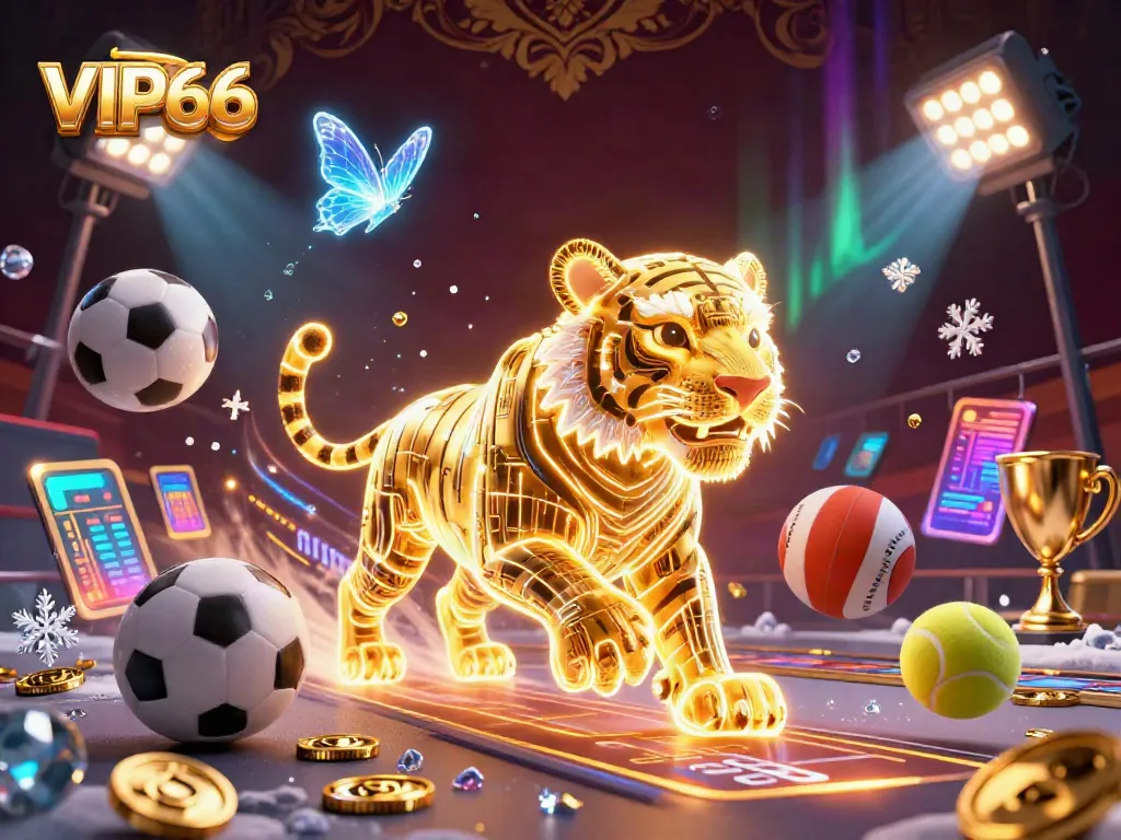 Engage with VIP66's vibrant digital casino illustration showcasing a neon-wireframe tiger and dynamic gaming elements.