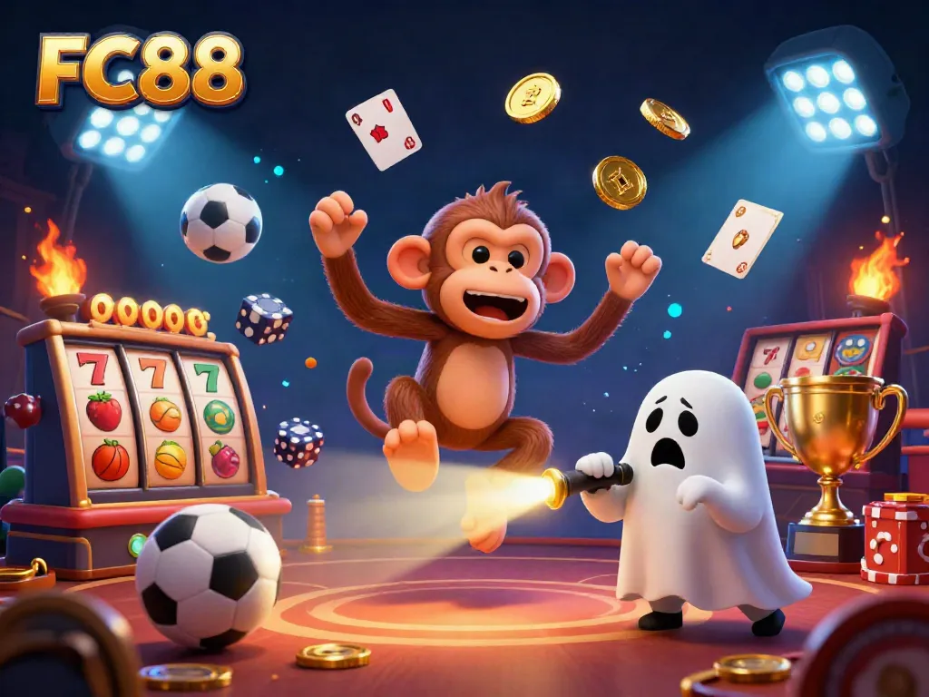 FC88's haunted casino scene features a playful poltergeist monkey and curious puppy amidst vibrant slot reels and sports balls.