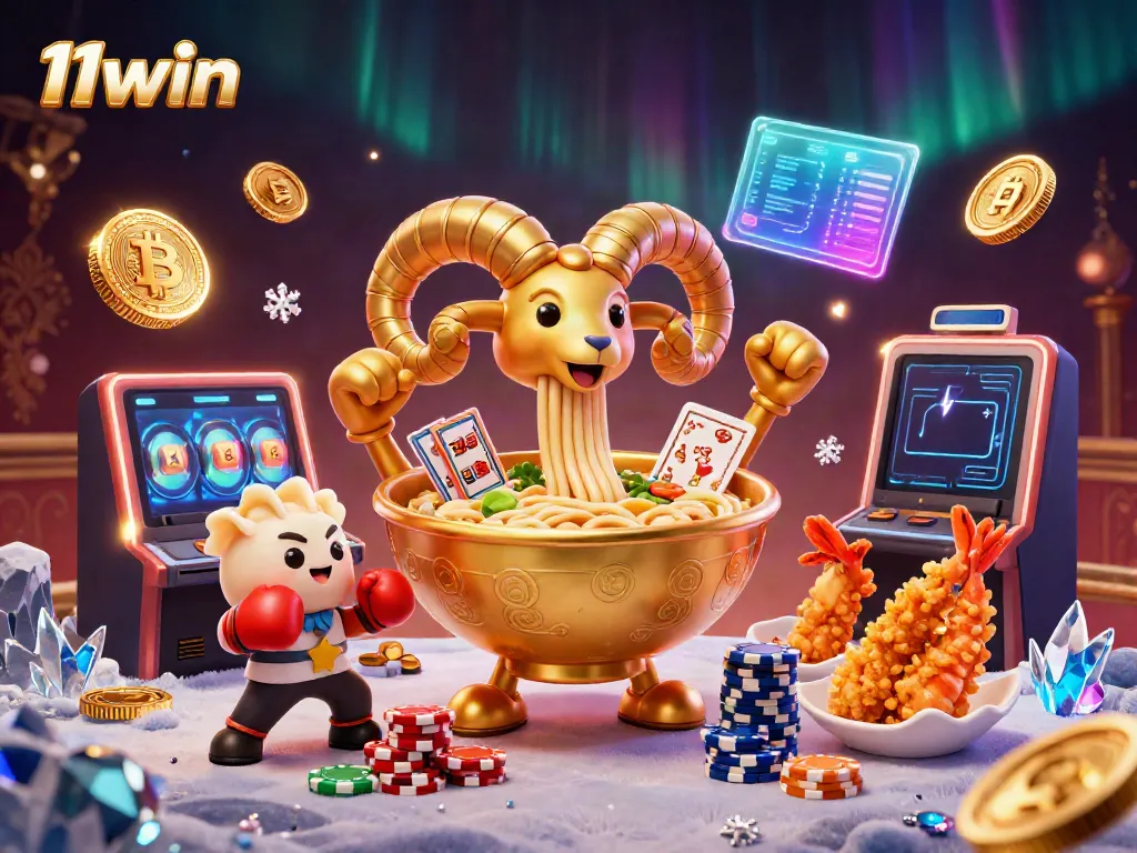 Engage in vibrant gaming action at 11win with a whimsical illustration of a giant ramen bowl dealer and crypto elements.