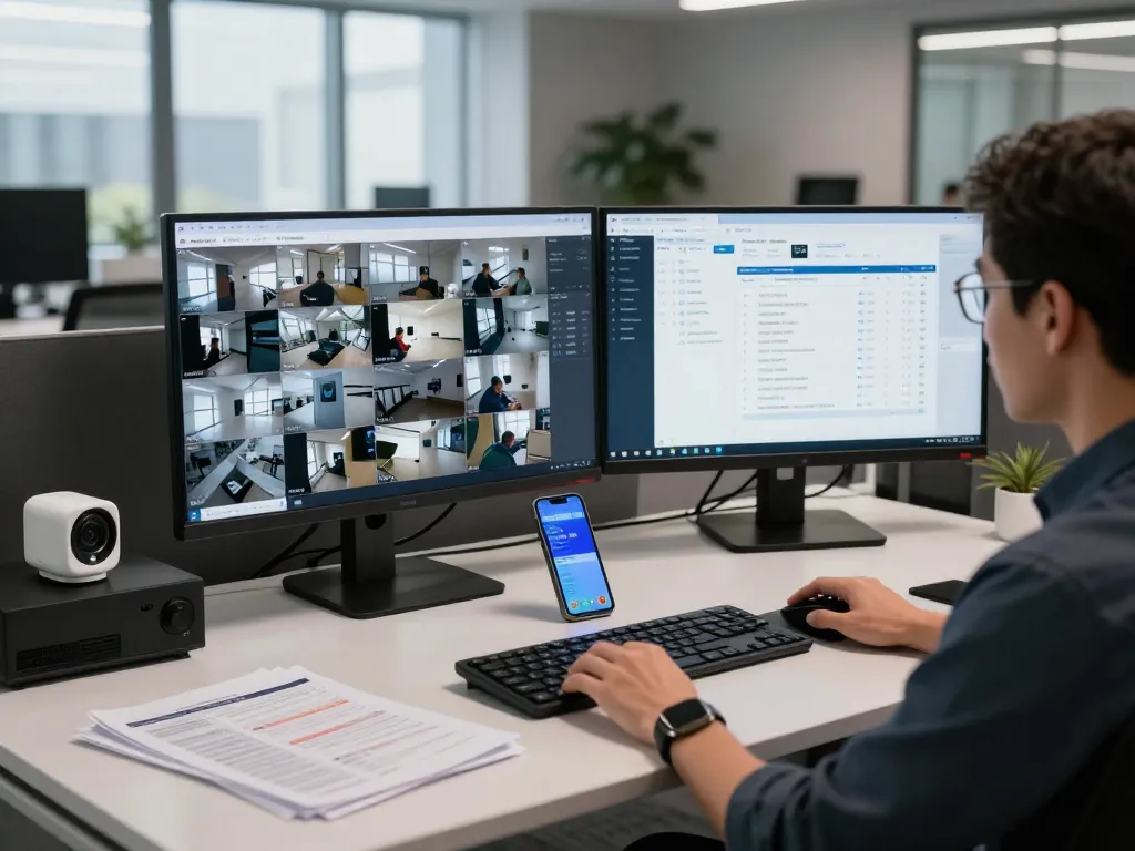 Professionelle Überwachung der Synology Surveillance Station mit mehreren Kamera-Feeds in einem technischen Arbeitsbereich.